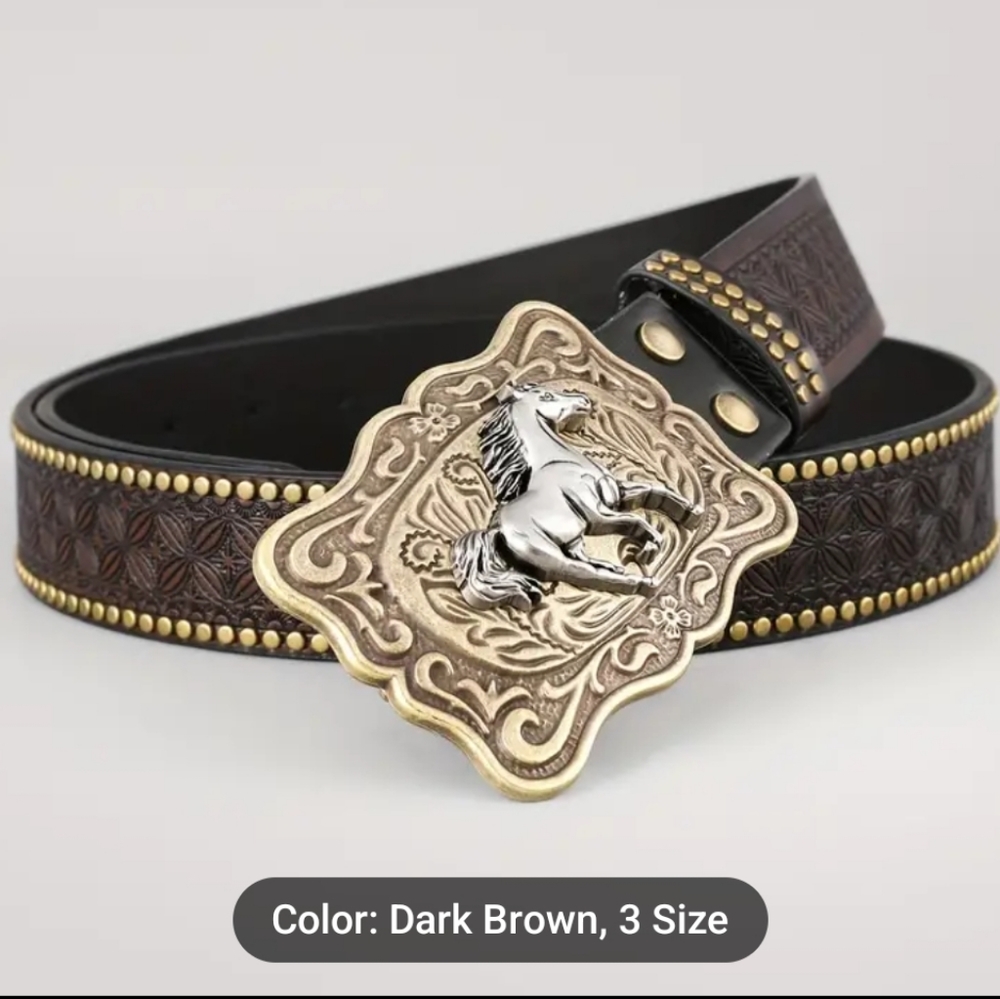 Beautiful New 47" PU brown leather belt and horse belt buckle